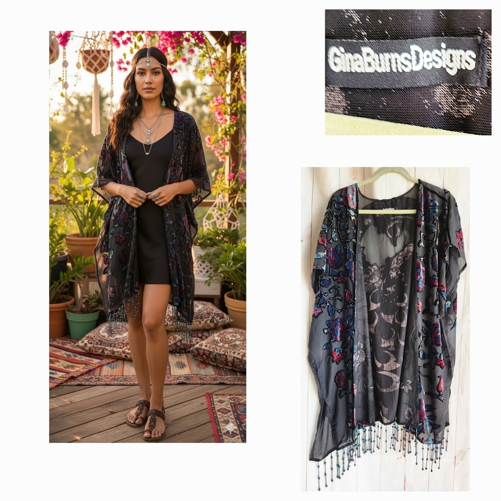 Gina Burns Designs Black Sheer Kimono With Embroidered Details